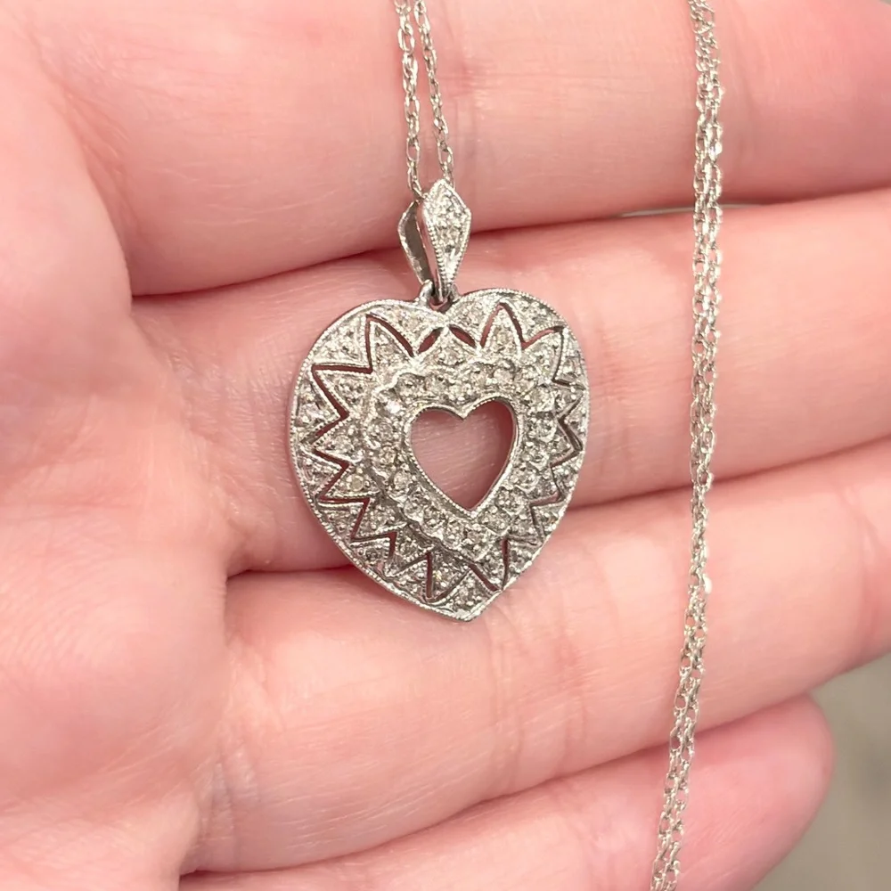 10K Diamond Heart Necklace, Dainty Filigree, Lavalier Style, White Gold, ADL - Picture 5 of 12